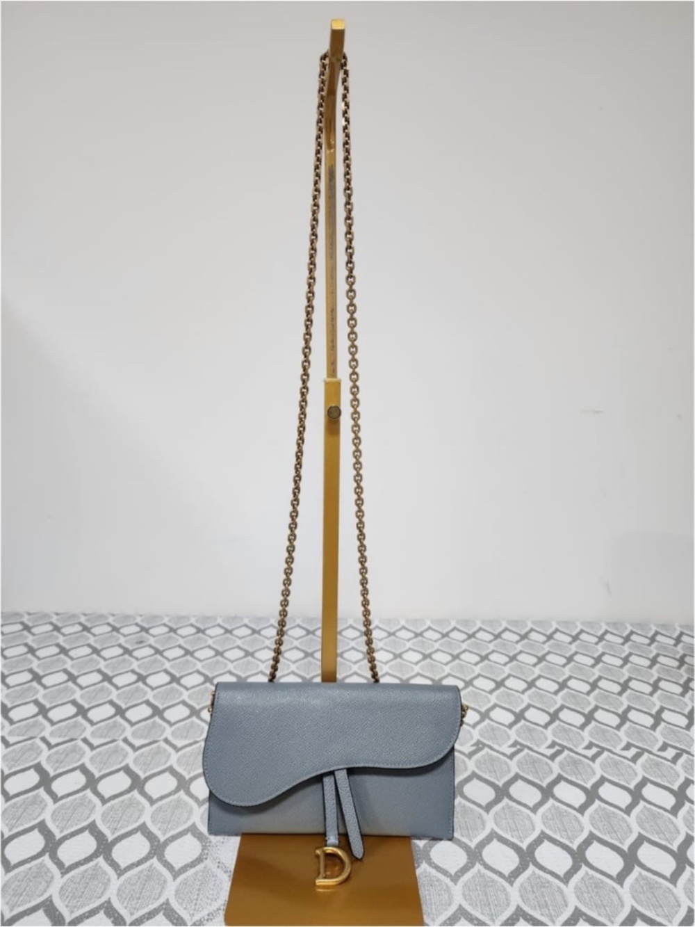 Authentic CHRISTIAN DIOR Goatskin Nano Saddle Chain Pouch Blue